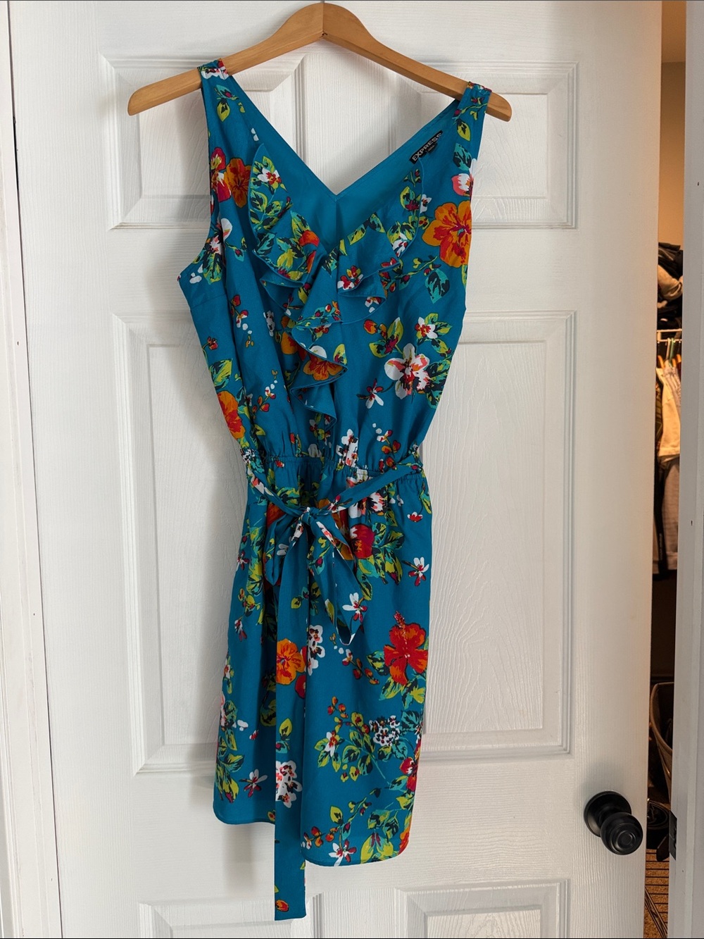 Express Teal Floral Ruffle Mini Dress